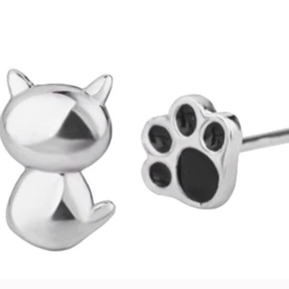 Small Cat and Paw Print Post Earrings - Picture 2 of 2
